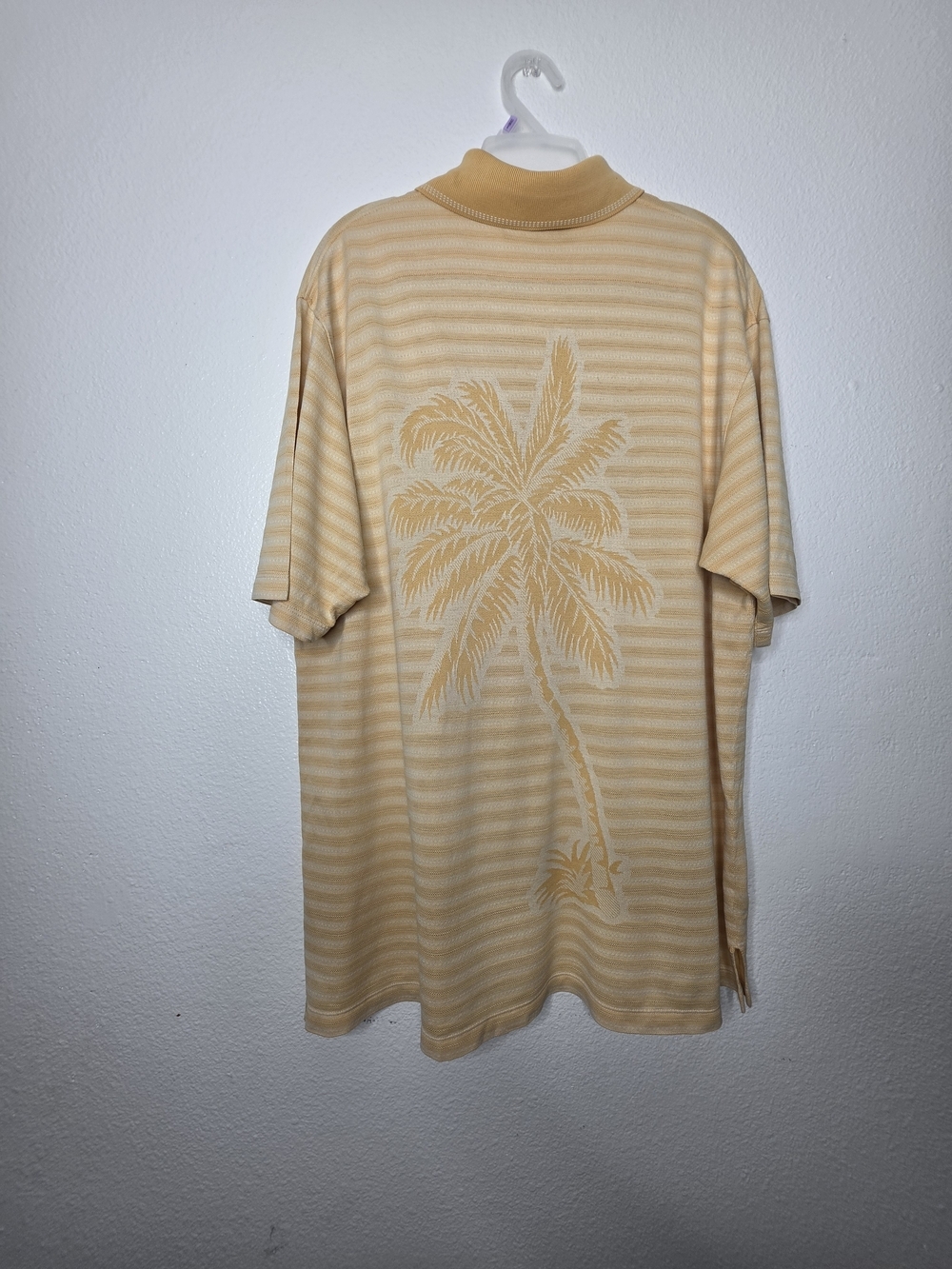 Tommy Bahama 18 Golf Mens L Yellow Beige Striped Short Sleeve Polo Palm Tree - Picture 15 of 15